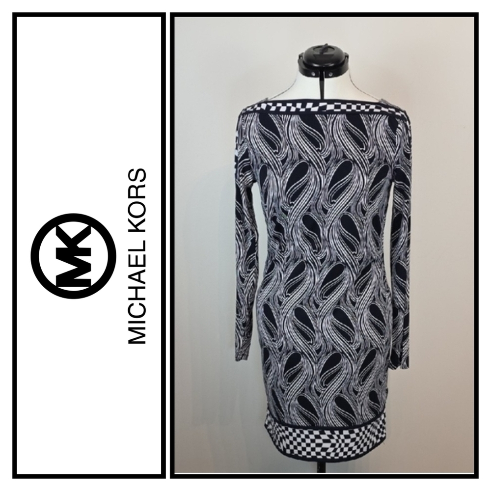 Michael Michael Kors Navy and White Abstract Print Long Sleeve Dress Small